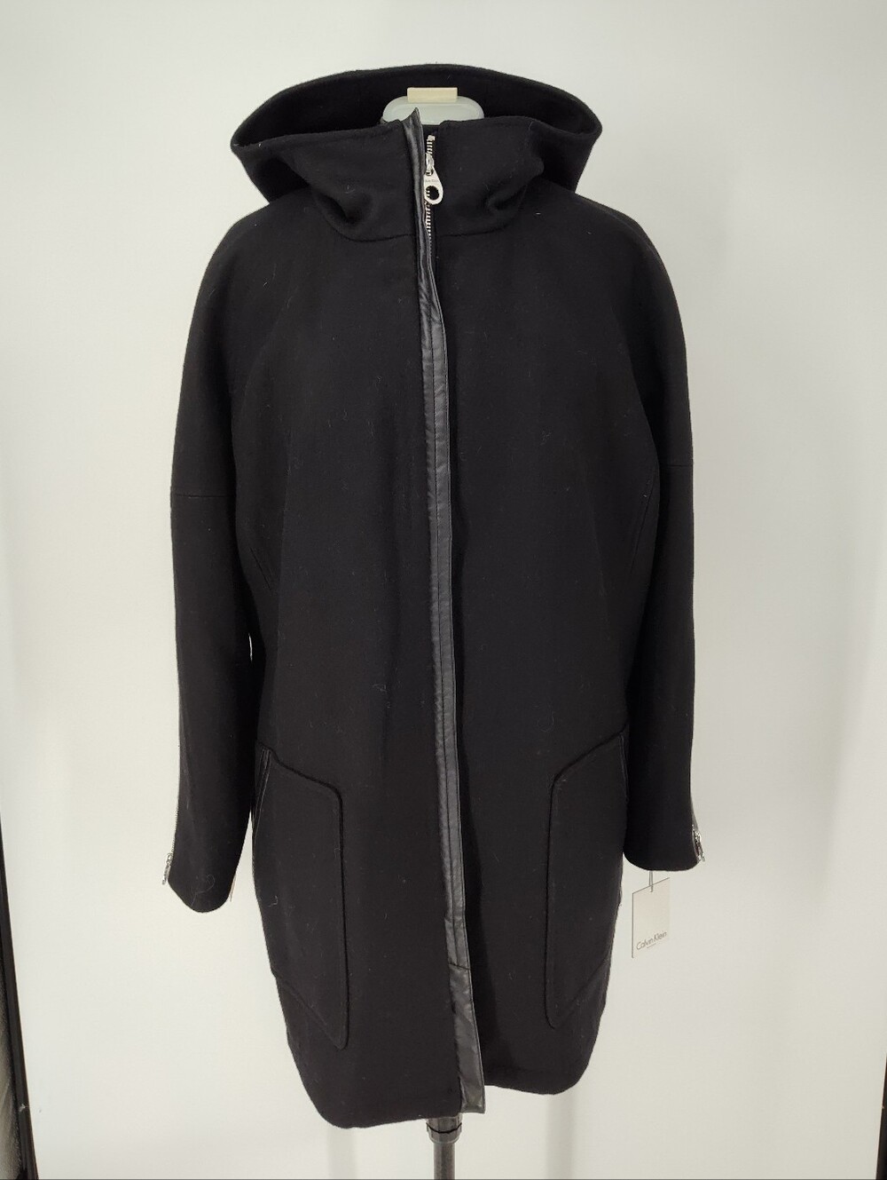 Calvin Klein NWT Women's Black Hooded Wool-Blend Zip Coat Size 1X